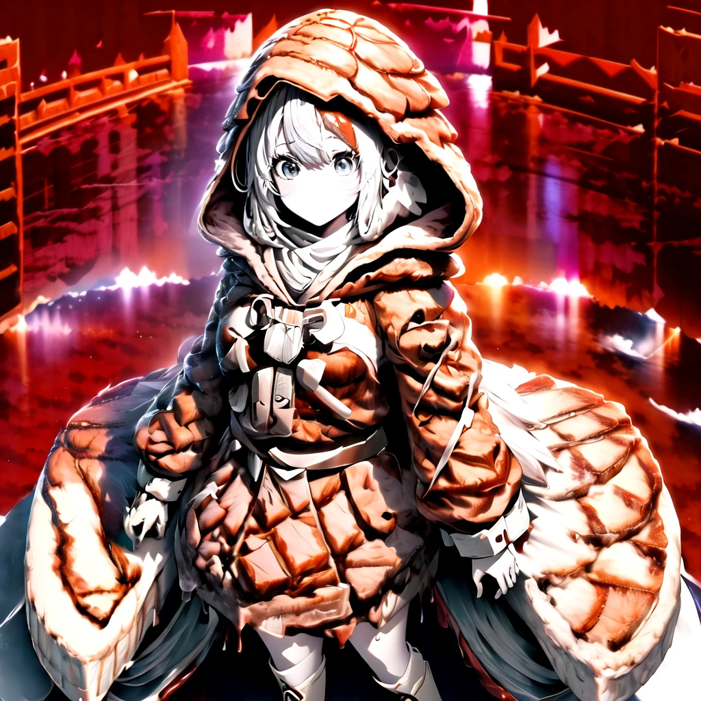 Create a vivid anime image of a vivid young anime girl. Her hair, eyes and skin should be light grey. She is wearing a hooded brown robe with ribbon, scarf and long boots.
1girl, solo, (hood up:1.5), (simple white background:1.5), (dynamic pose:1.5), (dynamic angle:1.5), (from above:1.5), (panorama:1.5), (wide shot:1.5), <lora:steakishou_v1:1>, steakishou