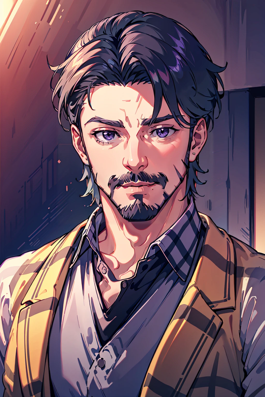 dskcntrst, solo, shirt, 1boy, upper body, male focus, plaid, facial hair, beard, mustache, purple theme, plaid shirt, checkered shirt, <lora:ContrastStyle:0.8>