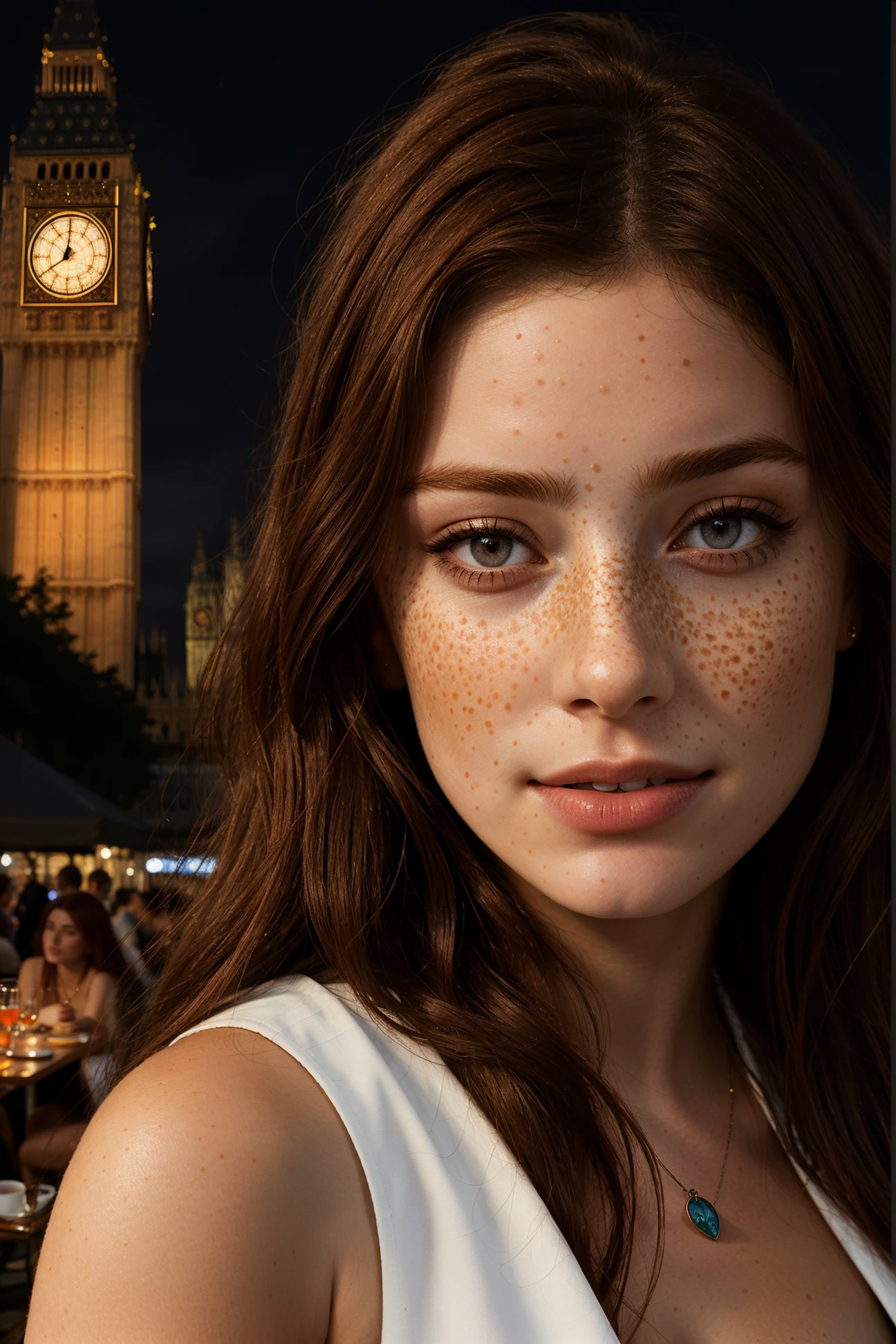 bttrfrckl, Digital illustration of a stunning woman perfect face and eyes enveloped in a smoky fantasy atmosphere is in the City night London by night, closeup portrait, tasting some tea at the terrace of a restaurant, only one realistic The Elizabeth Tower looks into the camera intertwined with red flowers, Big Ben, flaunting a perfect full of intricate details, composed using double exposure technique, digital masterpiece, ultra-realistic, very detailed, bohek, photography