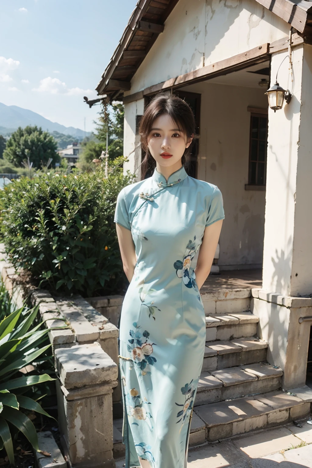 1girl,qipao,Standing,full body,photorealistic,<lora:æè¢:0.6>,looking at viewer,arms behind back,outdoors,lips,