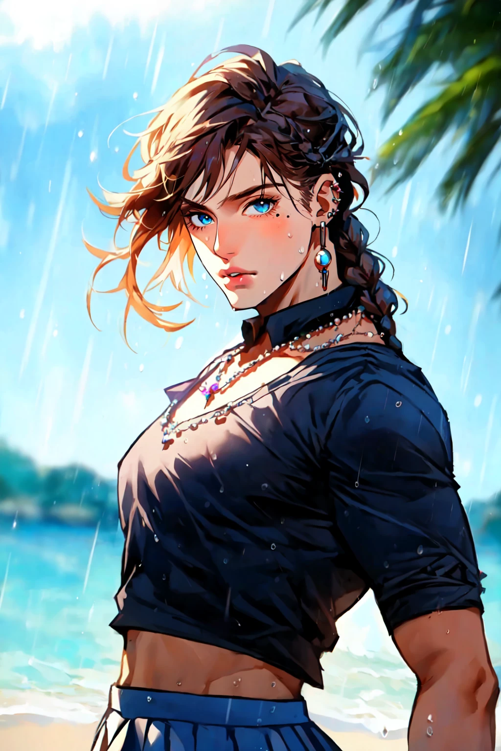 1boy, 1girl, bangs, blue eyes, blurry, bow, braid, ear piercing, lips, looking at viewer, midriff, mole, necklace, rain, skirt, solo, ultrasharpdskstyle, upper body, water<lora:ultrasharp-05:0.9>