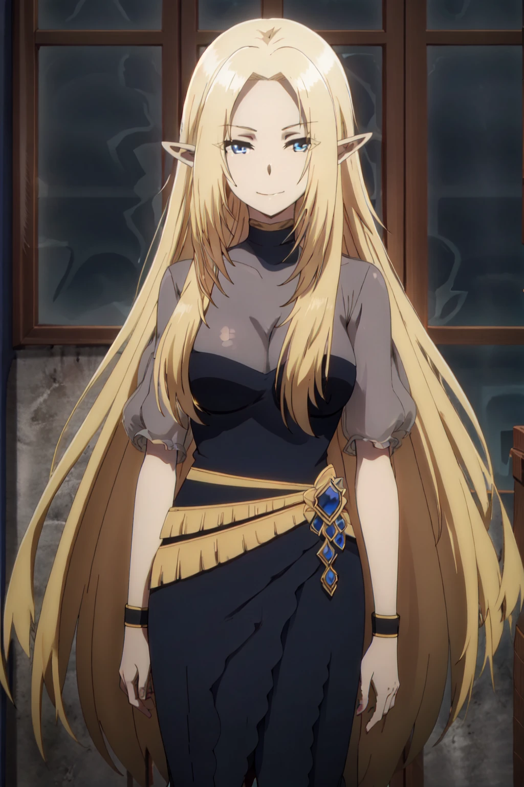 tall body, tall, long legs, mature female, mature, adult, simple background eft_eminence_elf, 1girl, long hair, solo, blonde hair, very long hair, dress, smile, blue eyes, looking at viewer, pointy ears, standing, window, black dress, bracelet, jewelry, indoors, breasts, closed mouth, elf