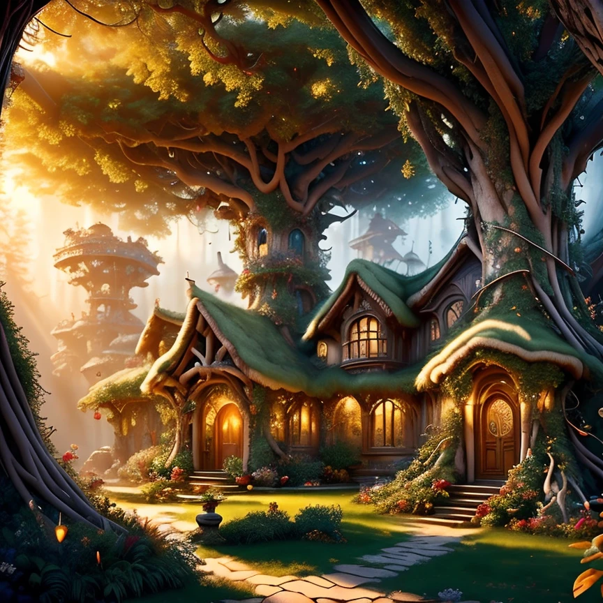 (masterpiece:1.2), (best quality,:1.2), 8k, HDR, ultra detailed, ((photorealistic)), professional light, cinematic lighting, fashion photography, ambient lighting, atmospheric effects, <lora:detail_slider_v4:3>, OverallDetail, a highly detailed fantasy WoodElf settlement of some small houses in a clearing, sunlight through the trees, godrays, <lora:WoodElf-10:1>, ((perfect hands)), style-sylvamagic, epiCPhoto