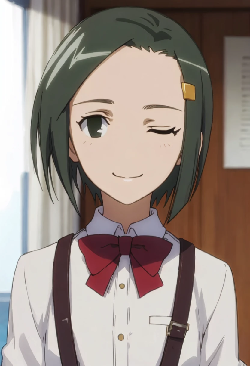 best quality, masterpiece, highres, solo, {hata_ranko_seitokaiyakuindomo:0.90}, smile, happy, one_eye_closed, portrait, looking at viewer