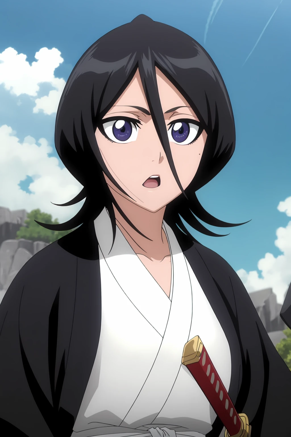 ((best quality)),((highly detailed)),masterpiece,absurdres,detailed face,beautiful face,(detailed eyes, deep eyes),1girl,((dynamic pose)) , <lora:RukiaV1:0.8>, Rukia, purple eyes, black hair, solo, weapon, sword, japanese clothes, day, open mouth, sky, black kimono, hair between eyes, cloud, short hair, kimono, outdoors, katana, long hair, blue sky, upper body, haori