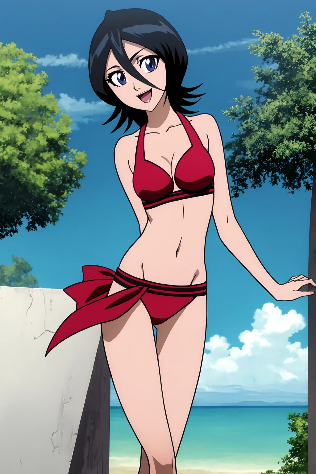 ((best quality)),((highly detailed)),masterpiece,absurdres,detailed face,beautiful face,(detailed eyes, deep eyes),1girl,((dynamic pose)) , <lora:RukiaV1:0.8>,Rukia, solo, day, black hair, purple eyes, outdoors, short hair, cloud, sky, smile, hair between eyes, full body, open mouth, looking at viewer, small breasts, tree, standing, breasts, collarbone, blue sky, long legs, legs, flat chest, :d