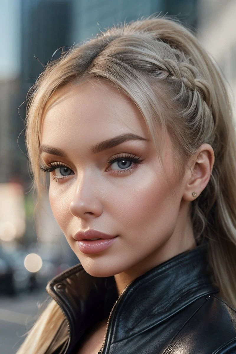 closeup headshot of S327_InnaGudz,a beautiful woman,in a (city:1.1),wearing a (leather-jacket:1.1),(braid),(4k, RAW photo, best quality, depth of field, ultra high res:1.1),(absurdres, intricate, photorealistic, masterpiece, ultra-detailed:1.1),