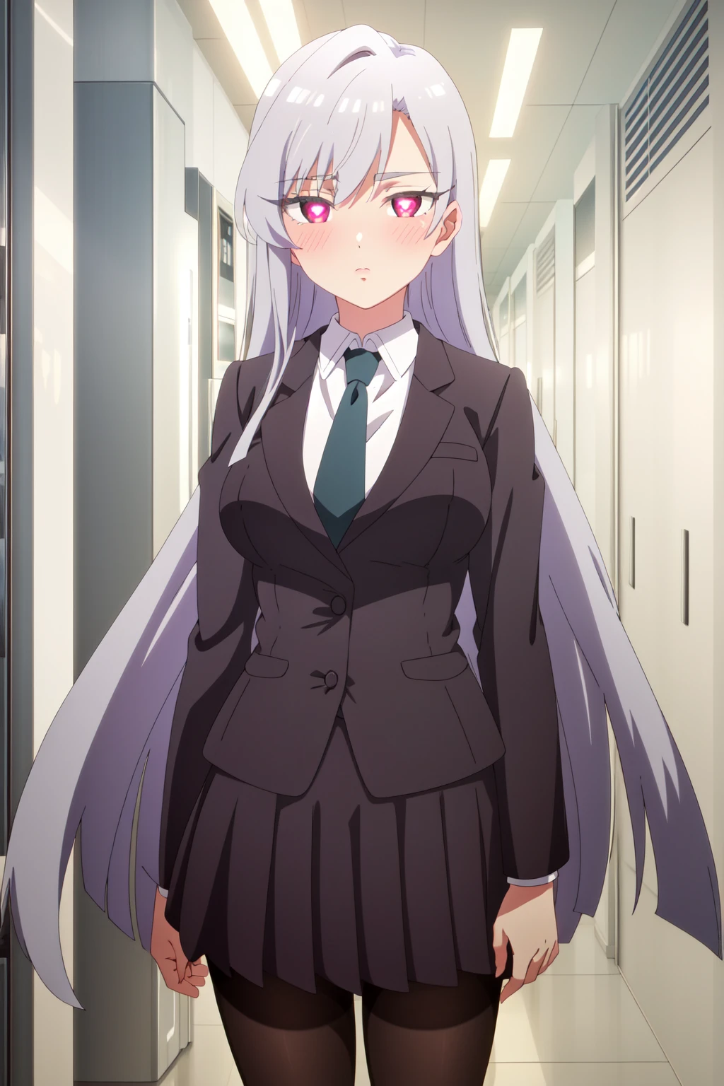 <lora:anime_screencap_v2:0.3> tall body, tall, long legs, mature female, mature, adult, <lora:GoodHands-beta2:1.4>, simple background
<lora:eft_100_white-04:0.7> eft_100_white, 1girl, solo, long hair, blush, pantyhose, skirt, looking at viewer, school uniform, heart, pleated skirt, jacket, symbol-shaped pupils, black pantyhose, breasts, necktie, indoors, grey hair, blazer, long sleeves, very long hair, large breasts, bangs, pink eyes