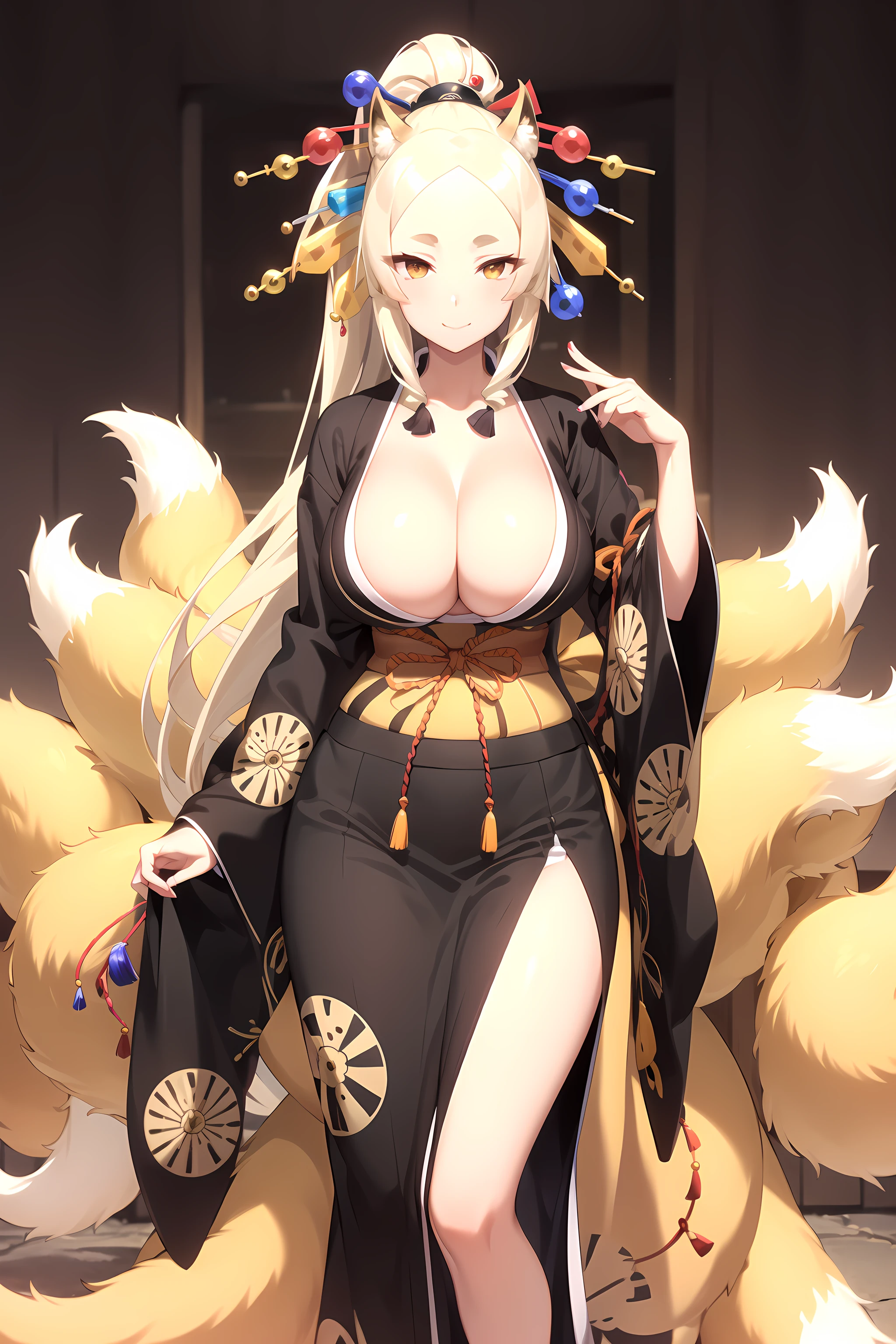 best quality, masterpiece, detailed,
<lora:HighSchoolDxD_Yaasaka:0.9>, Yaasaka,
1girl, closed mouth, smile,
blonde hair, very long hair, orange eyes, ponytail, hair ornament, hair stick, fox ears, fox tail, multiple tails,
japanaese clothes, yellow kimono, large breasts, cleavage,
standing, looking at viewer,
simple background