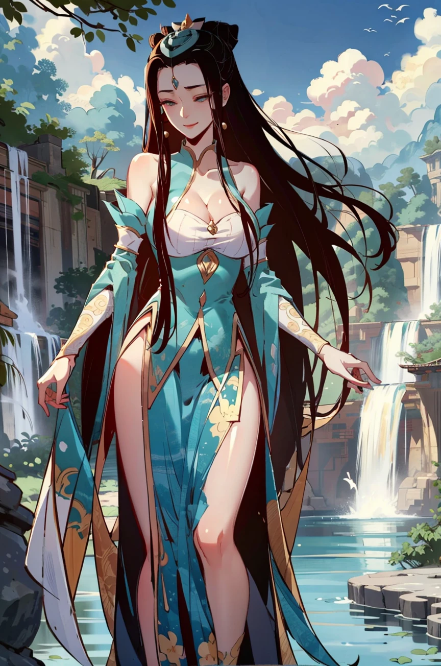 Su QingGe,1girl,solo,long hair,black hair,cleavage,dress,bare shoulders,chinese clothes,very long hair,medium breasts,jewelry,<lora:Su QingGe:0.9>,waterfall,sky,grove,bouquet,full_shot,standing,smile,, (masterpiece:1.3), (best quality:1.3),