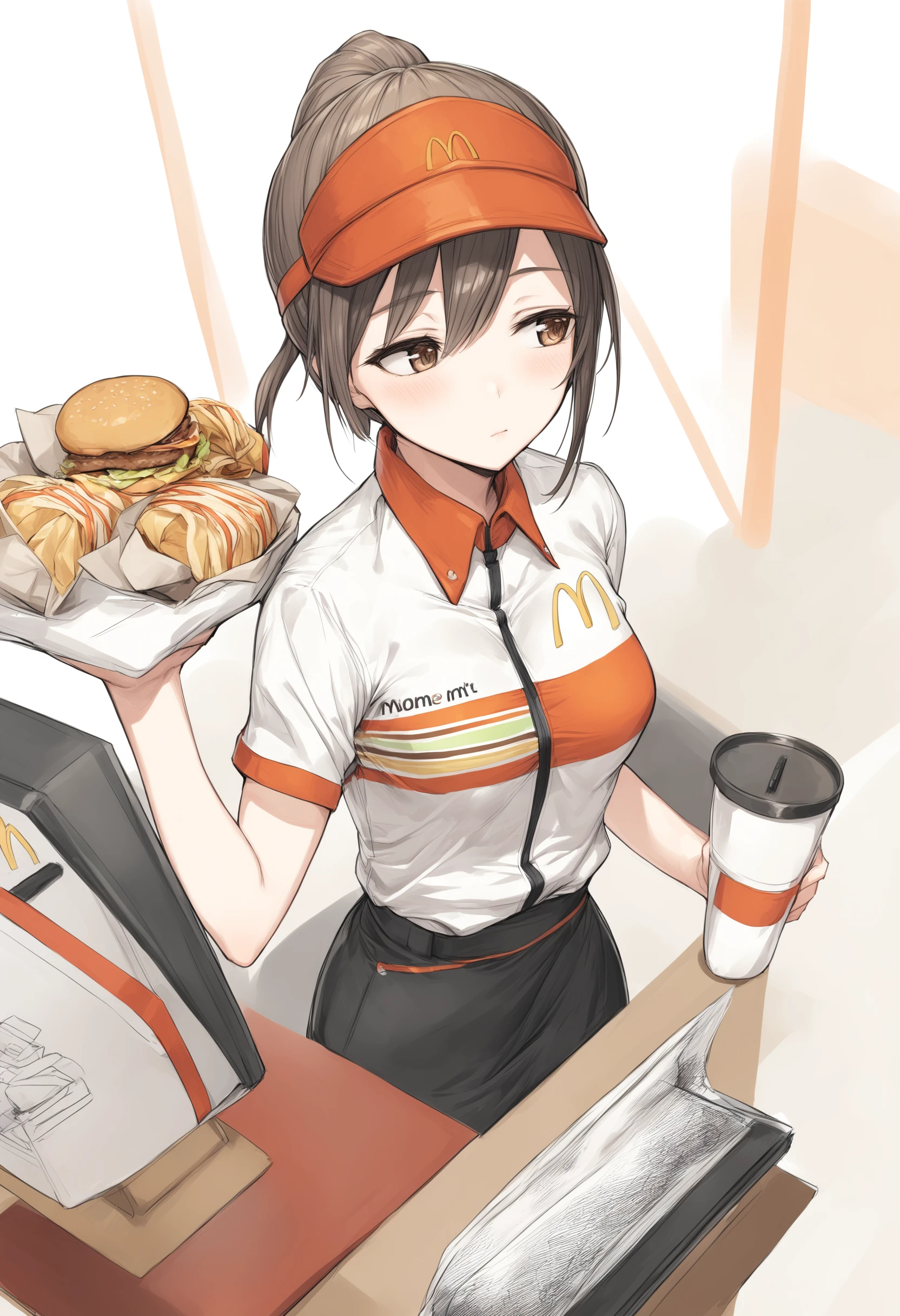 1girl, <lora:sdxl2-flat2-512b:-1>,medium breasts,solo,
<lora:macXLv1:1.0>,mac,solo, employee uniform, fast food uniform, visor cap, short sleeves, clothes writing,
from above, upper body, looking away, disdain, closed mouth,
best quality,medium quality,