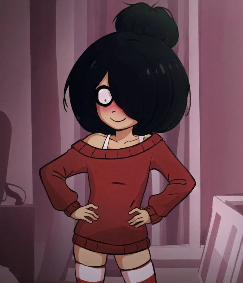 extremely detailed,absurdres,highres,ultra detailed, vibrant colors, 1girl, solo, <lora:mayav4:0.8>, black hair, short hair, single hair bun, hair over one eye, ((dark skin)), ((dark-skinned female)), green eyes, red sweater, off shoulder, thighhighs, striped thighhighs, standing, hands on hips, indoors, dark, bedroom, night, looking at viewer, light smile, blush, thighs,