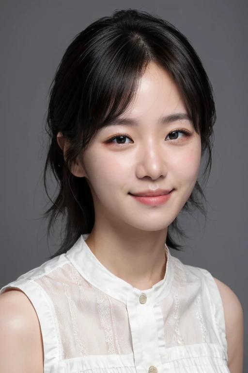 masterpiece, best quality, ultra-detailed, ultra high res, (photorealistic:1.4), raw photo, (realistic:0.2), 8k HDR, 1girl, solo, (looking at viewer), smile, realistic lighting, asymmetrical hair, (detailed skin), (detailed face), (simple gray background :1.1), (upper body:1.5), simple dress, sleeveless,