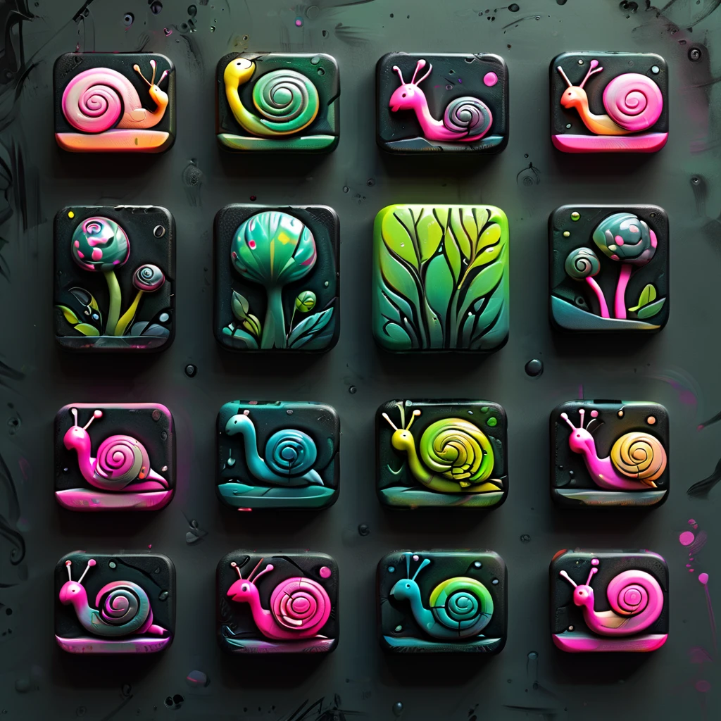 <lora:artfullyTILED_SDXL_V2:0.7>,collection of icons of a minimalistic logo for ArtfullyPrompt featuring a black background,a snail gracefully moving with a vibrant paint trail in neon green and neon pink,incorporating pastel tones and subtle hints of ink,charcoal,and watercolor for an artistic and refined touch arranged in a grid of icons,<lora:ral-opal:0.3>,<lora:artfullytinyfae_sdxl_v1:0.4>,<lora:ARTFULLYORACLESDXL-V1:0.4>,<lora:artfullyinsect_-_v1-000007:0.5>,<lora:artfullymaleform_sdxl_v1:0.3>,