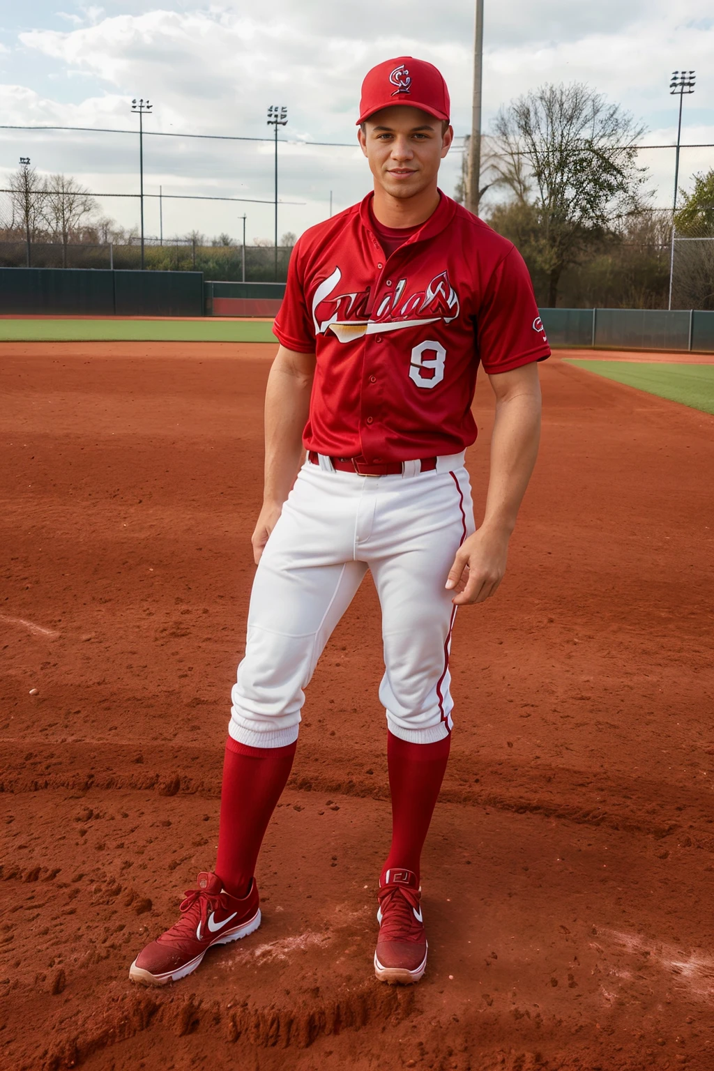baseball field, outdoors, standing on Second Base, BrettSwanson is a baseballplayer, slight smile, baseball uniform, (cardinal red jersey), white pants, (cardinal red socks), long socks, cardinal red baseball cap, (black sneakers), ((full body portrait)), wide angle <lora:Clothing - Sexy Baseball Player:0.65> <lora:BrettSwanson:0.8>