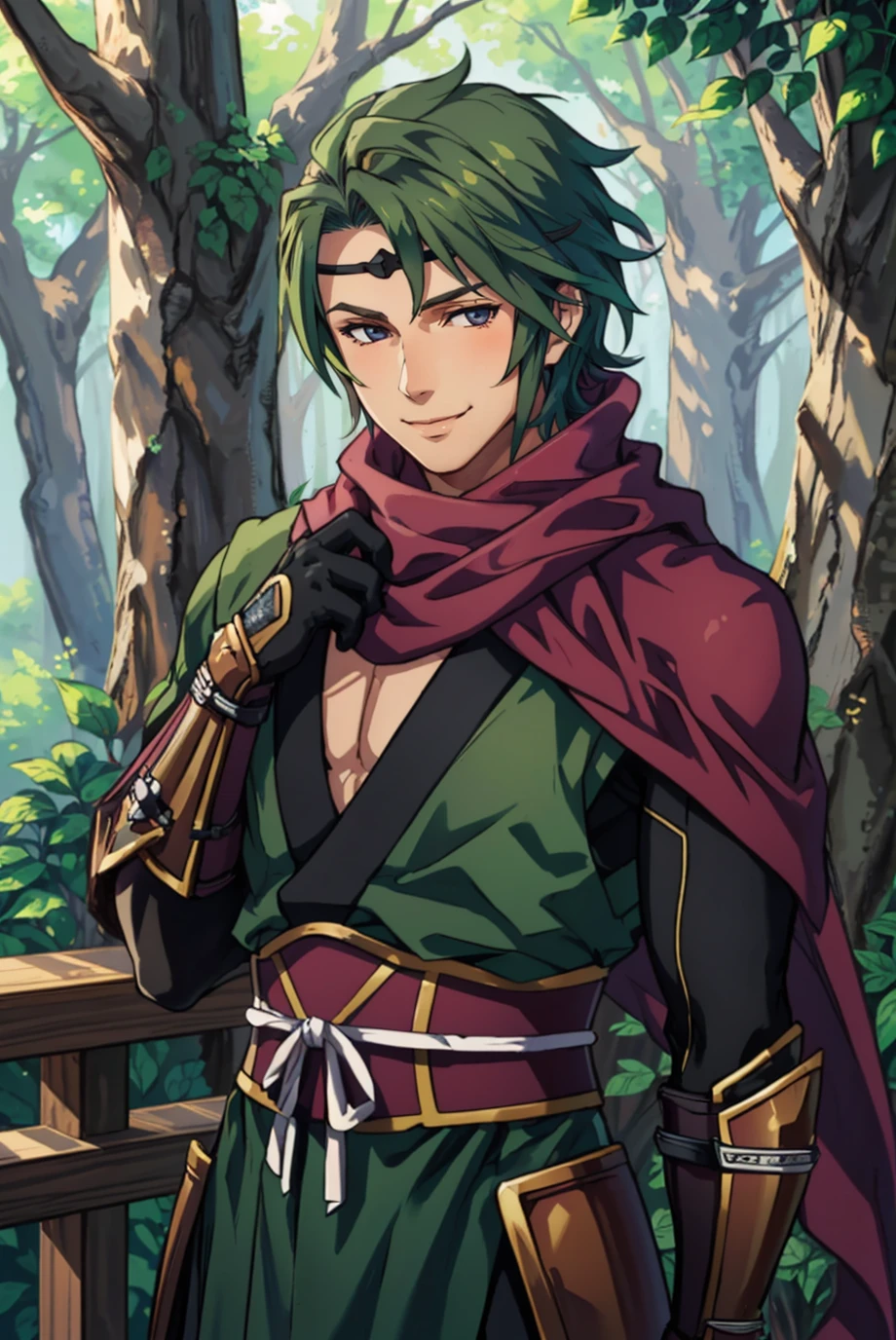 (masterpiece, best quality:1.2), from side, 1boy, solo, crouching, looking at viewer, parted lips, <lora:KazeFEF:0.8> kazeFEF, circlet, gloves, scarf, armor, sandals, blue background