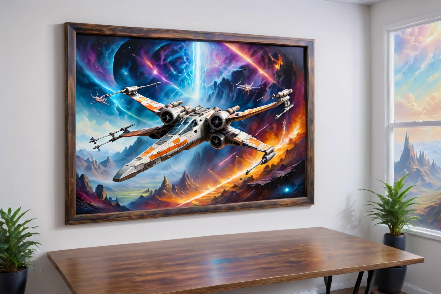 <lora:Magical_Painting:0.8> magical painting of James T Kurk (confused ) flying a X-Wing , hanging on a wall in a mage office, 8k