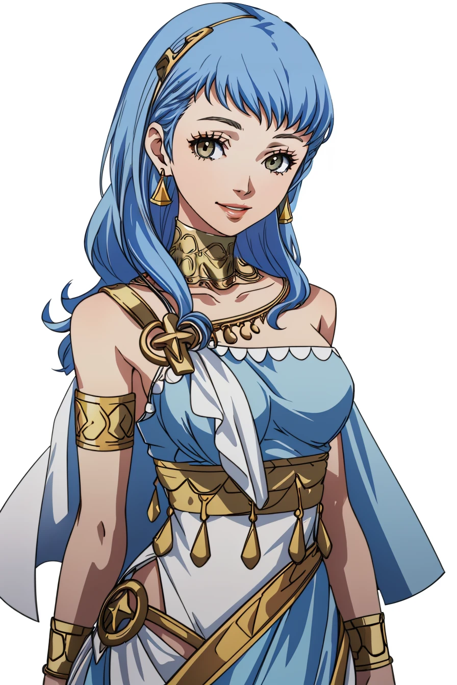 masterpiece, 1girl, solo, standing, upper body, looking at viewer, smile, <lora:MarianneFE3H-FEH-bsinky-v2:0.8> brvMarianne, long hair, large breasts, dress, pelvic curtain, bare shoulders, earrings, bracelet, <lora:P3-Protraits_Fp:0.8> white background
