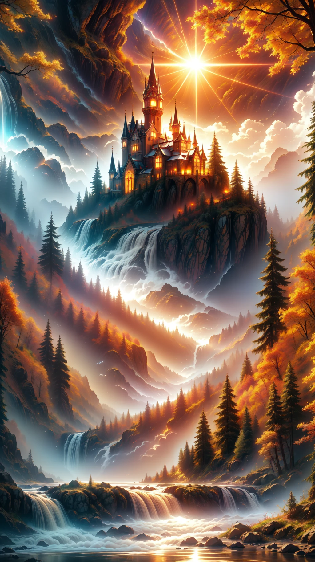 a river runs through a beautiful and colorful fairy tale valley, thick autumn forest, Huge majestic gothic castle, storm, tornado, haze, magic, sun beams, masterpiece, 8k, award winning, high quality, best quality, cinematic, intense lighting, vivid colors, extremely detailed, <lora:Citadel Spices:1.3>