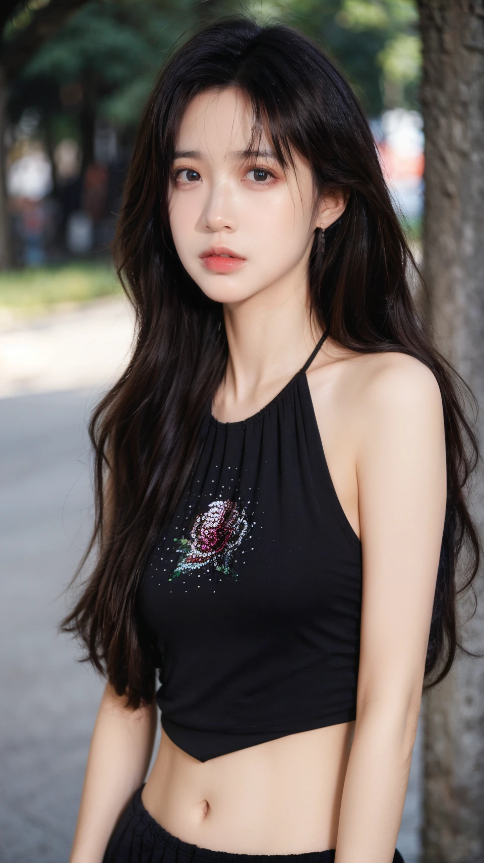 best quality,HDR,UHD,8K,Vivid Colors,solo,medium-shot,(1girl:1.5),(standing:1.3),from front,soft light,(looking at viewer:1.6),Elegant,detailed gorgeous face,fluffy hair,<lora:add_detail:0.5>,(outdoors background:1.1),upper body,<lora:rc102:0.8>,rc,navel,black tank top,panties,