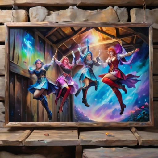 <lora:Magical_Painting:0.8> magical painting of cosplayers having fun, hanging on a shed