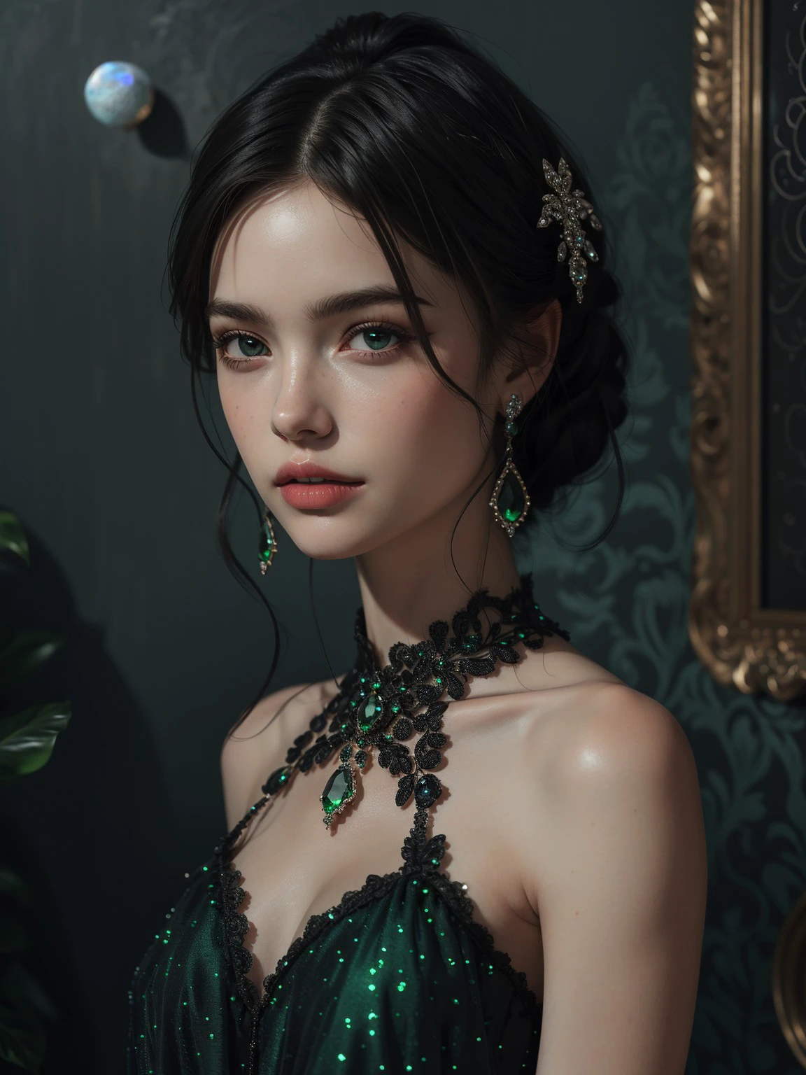 masterpiece, high quality, a girl,black dress. in style of emeralds and moonstones, <lora:J_gemstone:0.6> j_gemstone