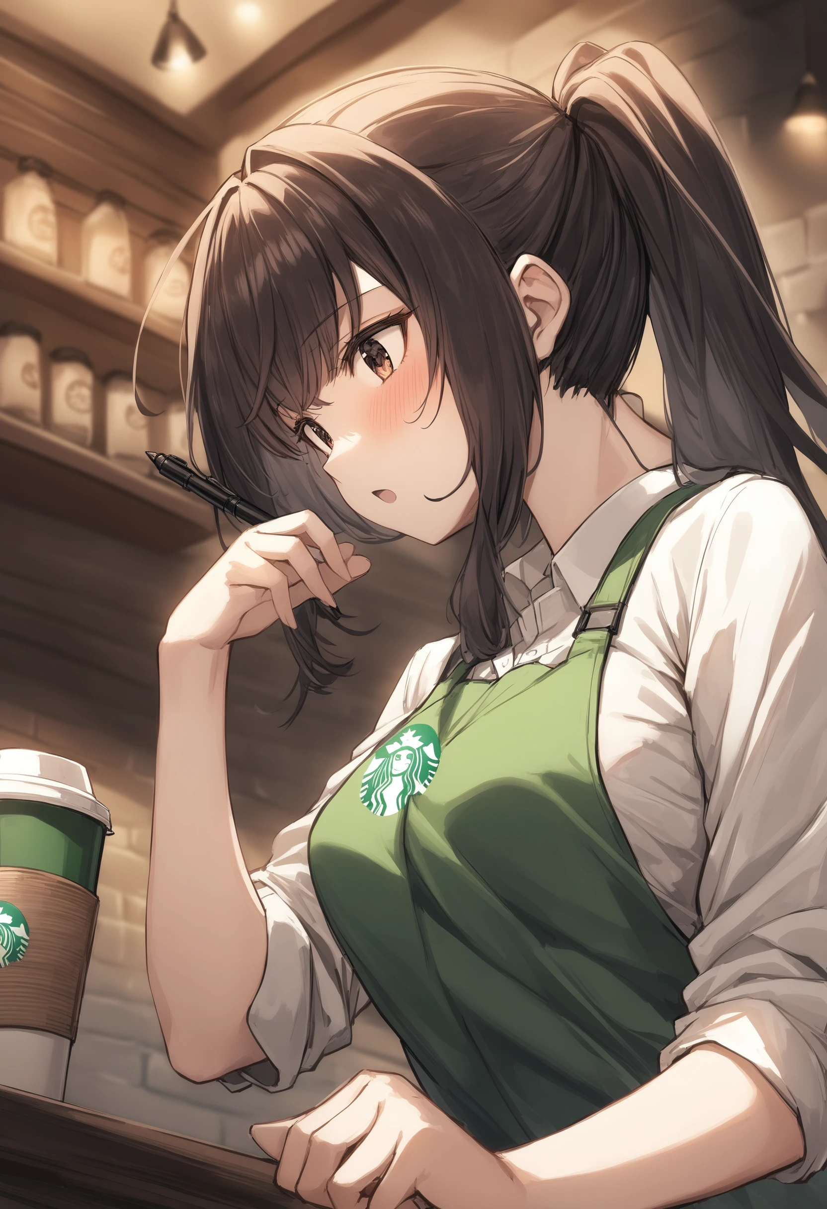 (embarrassed,blush:1.3),
,(steam:0.8),(Wet:0.8),(Sweat:0.8),(trembling:1.3)
,(Parted lips:1.3),(half-open eyes:1.4),(Feeling weak:1.5)、Beautiful nipple、Looking at the camera、Feeling Inserted、small tits、Stick out the tongue、Small heart marks around the face、(spasming、wince:1.5),awaiting tongue,17-year-old slender beautiful girl、(((Starbucks Coffee Uniform、Inside Starbucks Coffee、Starbucks Coffee Apron、skirt by the、Working at Starbucks Coffee、full bodyesbian、from side))),NSFW、Stockings