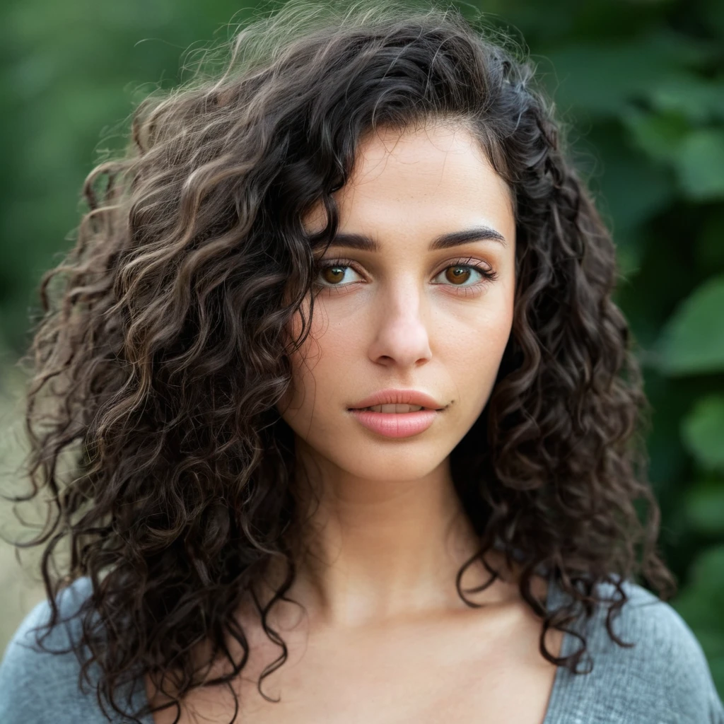 Skin texture, no makeup, Super high res closeup portrait photo o a stunning woman outdoors with curly long hair,f /2.8, Canon, 85mm,cinematic, high quality,looking at the viewer, glossy lips,    <lora:naoscott_xl_1_standard_wo_cap-000040:1>