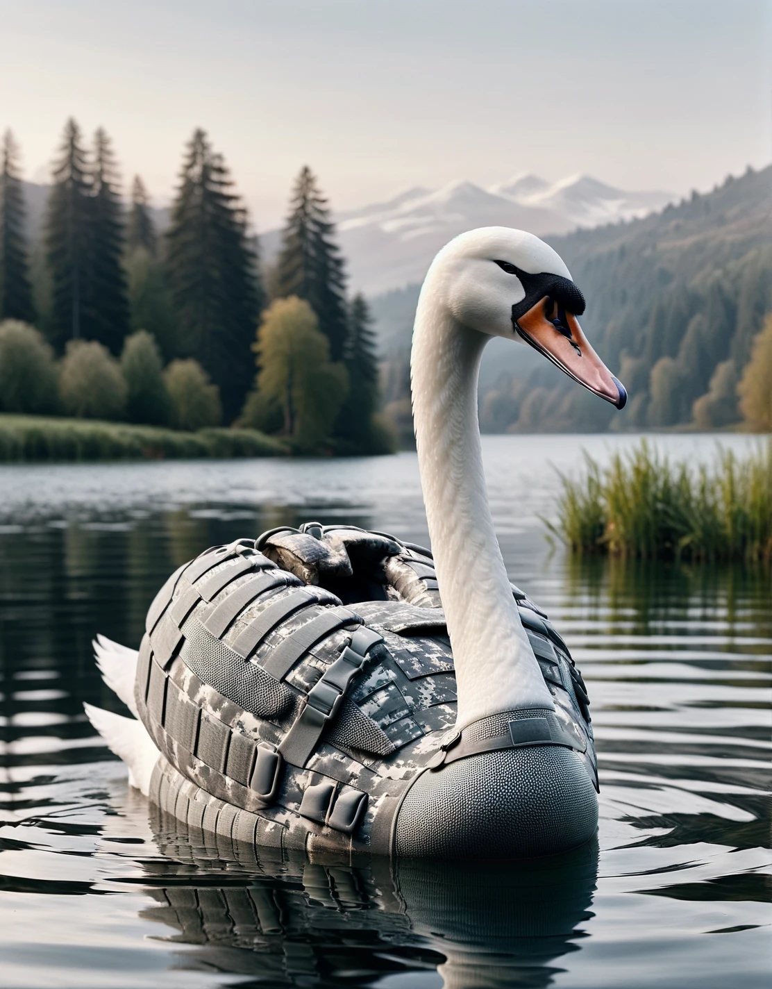 Graceful ais-rmr swan gliding over the mirror-like surface of a serene lake at dawn <lora:ais-rmr-sdxl:1>