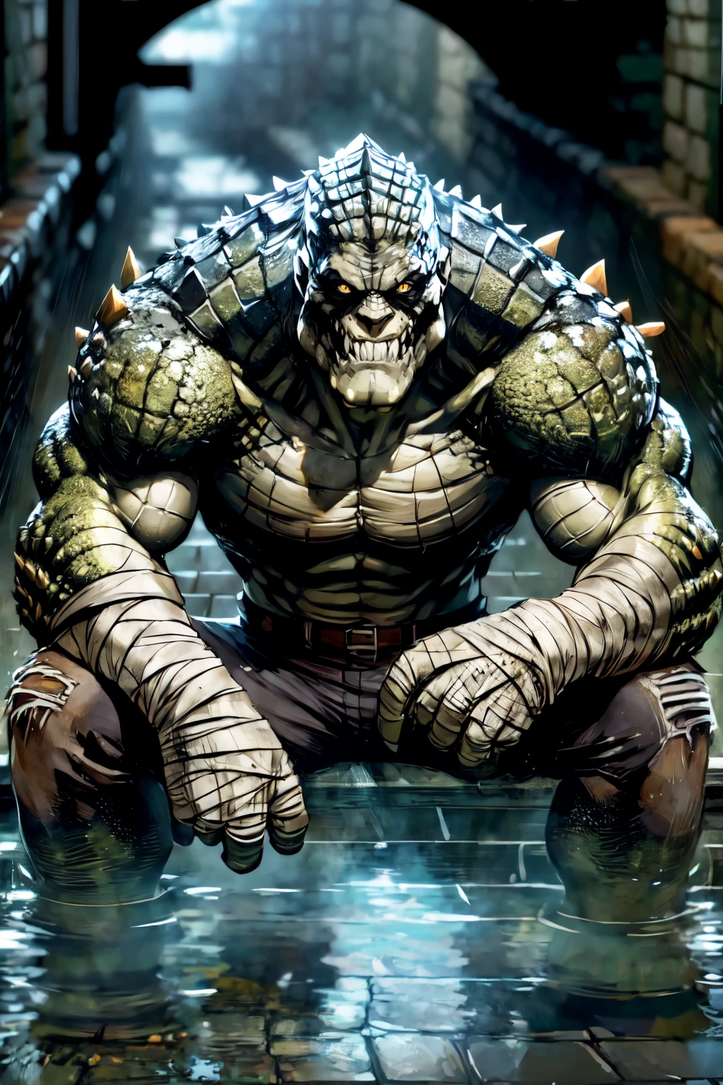 upper body, a man in the sewers, wet, dark, ,beautiful eyes, high detail skin, high detail eyes, high detail hair, highres, ultra detailed, sharpen picture, Highly detailed, masterpiece, best quality, photorealistic,
<lora:Killer CrocLora:0.9> 1boy, scales, sharp teeth, muscular, claws, torn pants, bandages, belt, glowing eyes:1.2, spikes
