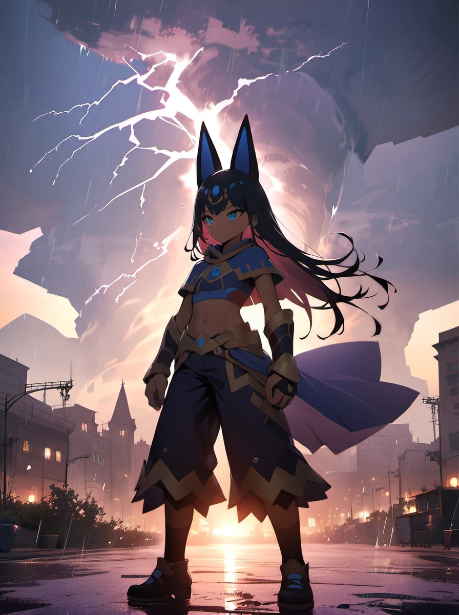 1boy, palworld-anubis, <lora:palworld_anubis_xl_lora_v1:0.7>
(masterpiece, best quality, highres:1.2), darkmix, standing, outdoors, full body, (depth of field, scenery, cityscape:0.7), abstract, graphite \(medium\), watercolor \(medium\), lightning, overexposure, storm, rain, wet, dynamic pose, looking away, fantasy,