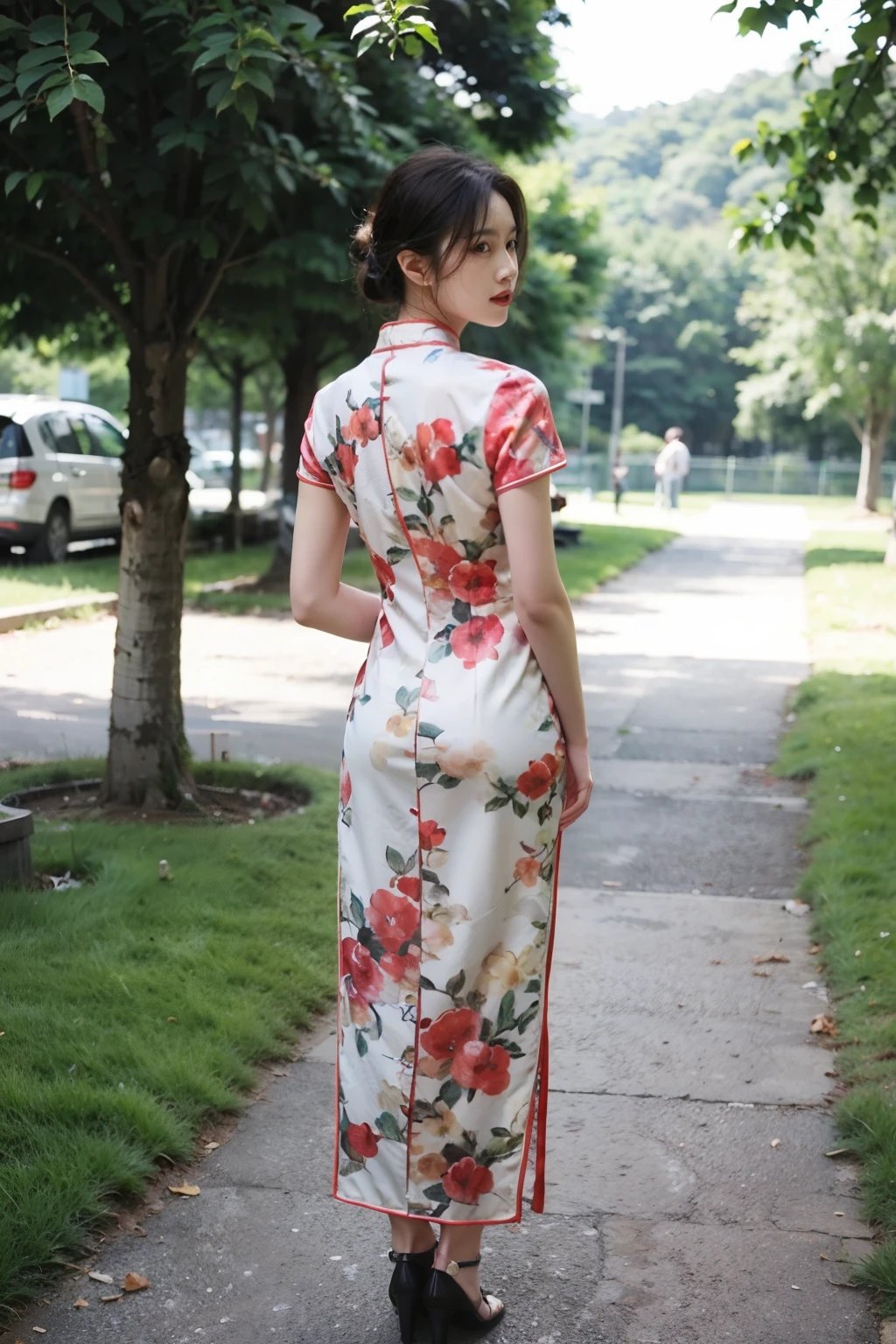 1girl,qipao,Standing,full body,photorealistic,<lora:æè¢:0.6>,looking at viewer,arms behind back,outdoors,lips,