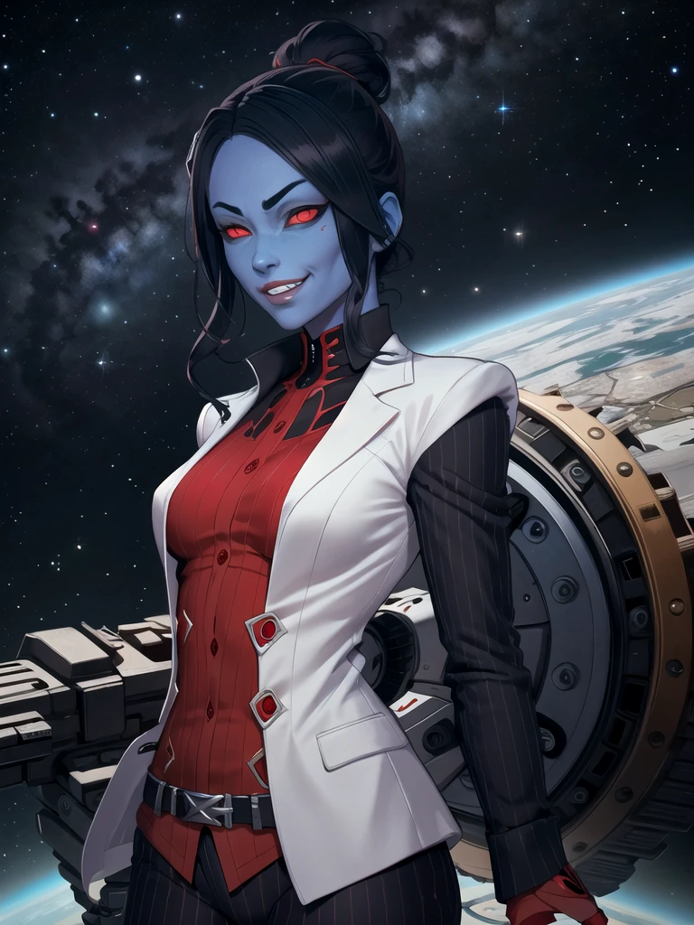 masterpiece, <lora:Tiali:0.7>, (tiali: 1.4), 1girl, tall, blue skin, (middle age: 1.2), (small breasts: 1.3), wrinkled skin, woman, evil grin, (red eyes: 1.5), (red sclera: 1.5), (no pupils: 1.2), dark blue hair, (pinstripe suit: 1.1), highly detailed, 1 / 2 body shot, thin build, spaceport, <lora:chiss:0.3> chissf, colored sclera, solid eyes <lora:Solid:0.1> colored sclera, solid eyes