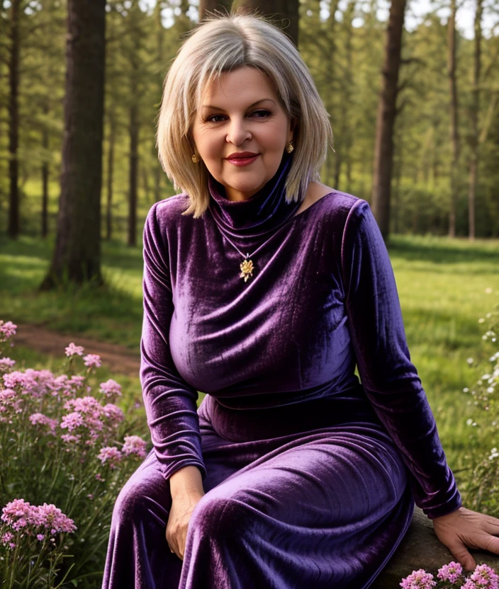 <i3r4m4>, ((nature background)), Ultra-HD-details, nature, upper body, smile, Flowers, breast, large breast, intricate, ((Velvet Embrace Turtleneck Gown))
