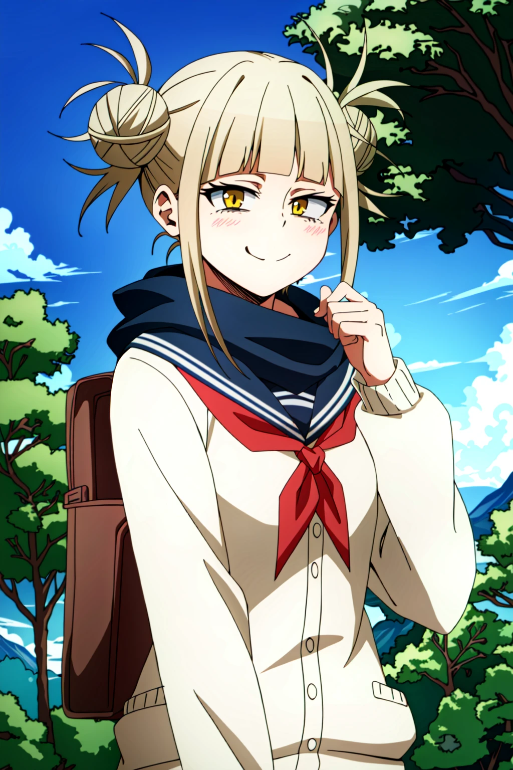 (extremely detailed CG unity 4k wallpaper),(masterpiece),(best quality),(ultra-detailed),(best illustration),(best shadow),(absurdres),(detailed background) <lora:OGT_Himiko_Toga-v1:1> Himiko Toga, 1girl, double bun, solo, hair bun, bangs, yellow eyes, sky, day, blonde hair, messy hair, looking at viewer, cloud, blush, blunt bangs, outdoors, blue sky, neckerchief, red neckerchief, school uniform, upper body, closed mouth, scarf, sidelocks, bags under eyes, sailor collar, teeth, serafuku, tree, short hair, cardigan, light smile