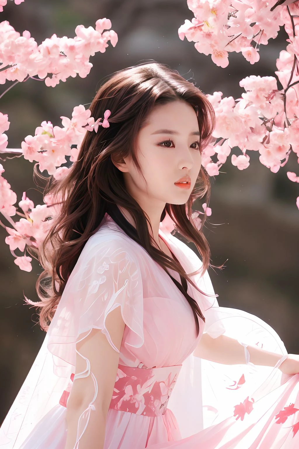liuyifei ,gothic armor, <lora:liuyifei_dragon_mjl_1-000015:0.6>,sexy,high res, masterpiece, unity 4k wallpaper, beautiful,Light brown hair, pink eyes, pink and white, sakura leafs, vivid colors, white dress, paint splash, simple background, ray tracing, wavy hair