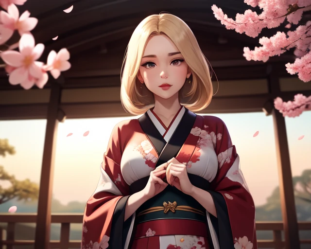 s3raph, Gothic style, solo, beautiful adult woman, high quality, best quality, highres, high detail, atmospheric lighting, blurry foreground, Japanese kimono, traditional design, submissive pose, serene garden setting, cherry blossoms, sunset hues, vibrant, detailed, 8k resolution . Dark, mysterious, haunting, dramatic, ornate, detailed