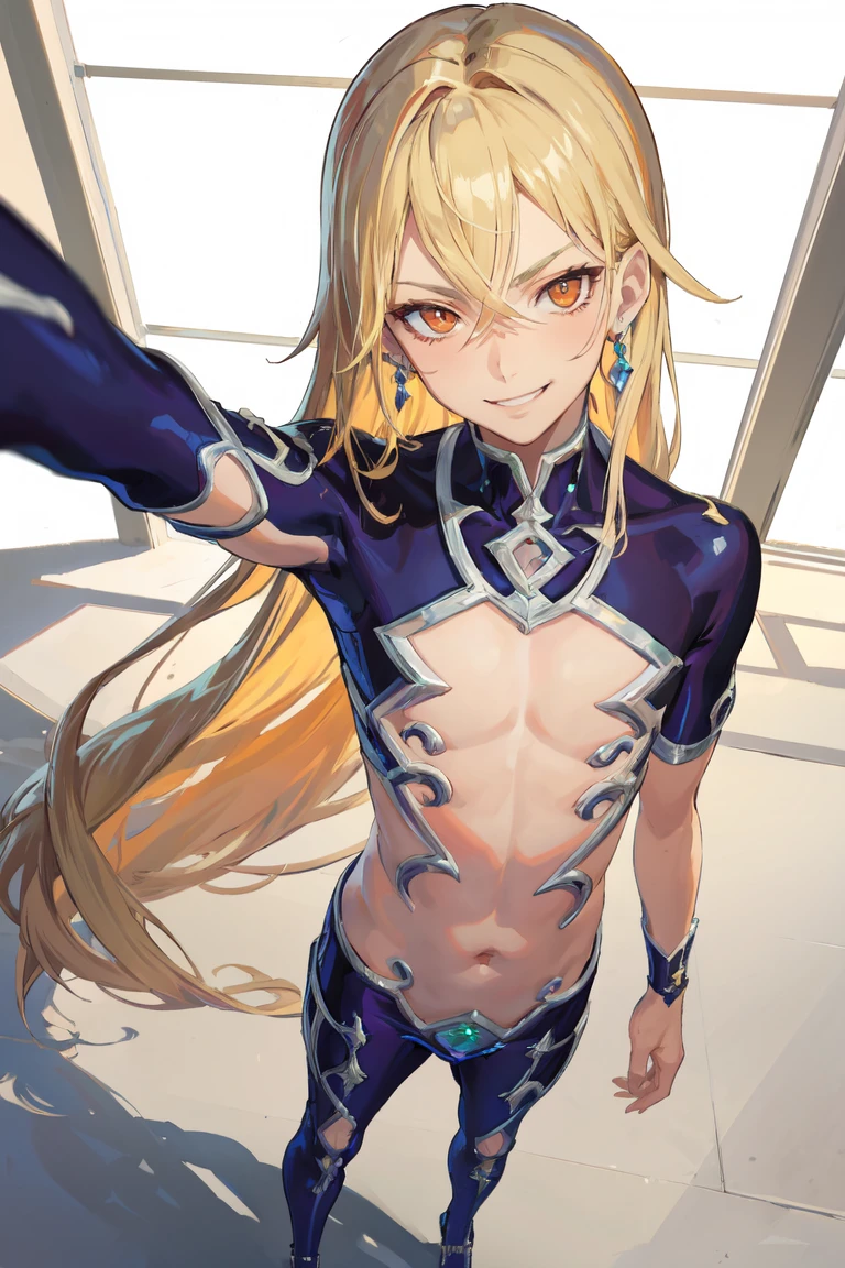 masterpiece, best quality, highres, 1boy, orange eyes, blonde hair, absurdly long hair, Male focus, upppler body, smirk, cute, earrings, wearing a revealing clothes adorned with gems, looking at the viewer, selfie view, clothing cut-outs, masculine, solo, <lora:qshclothes:0.7:OUT:0.2>, <lora:add_detail:0.3>