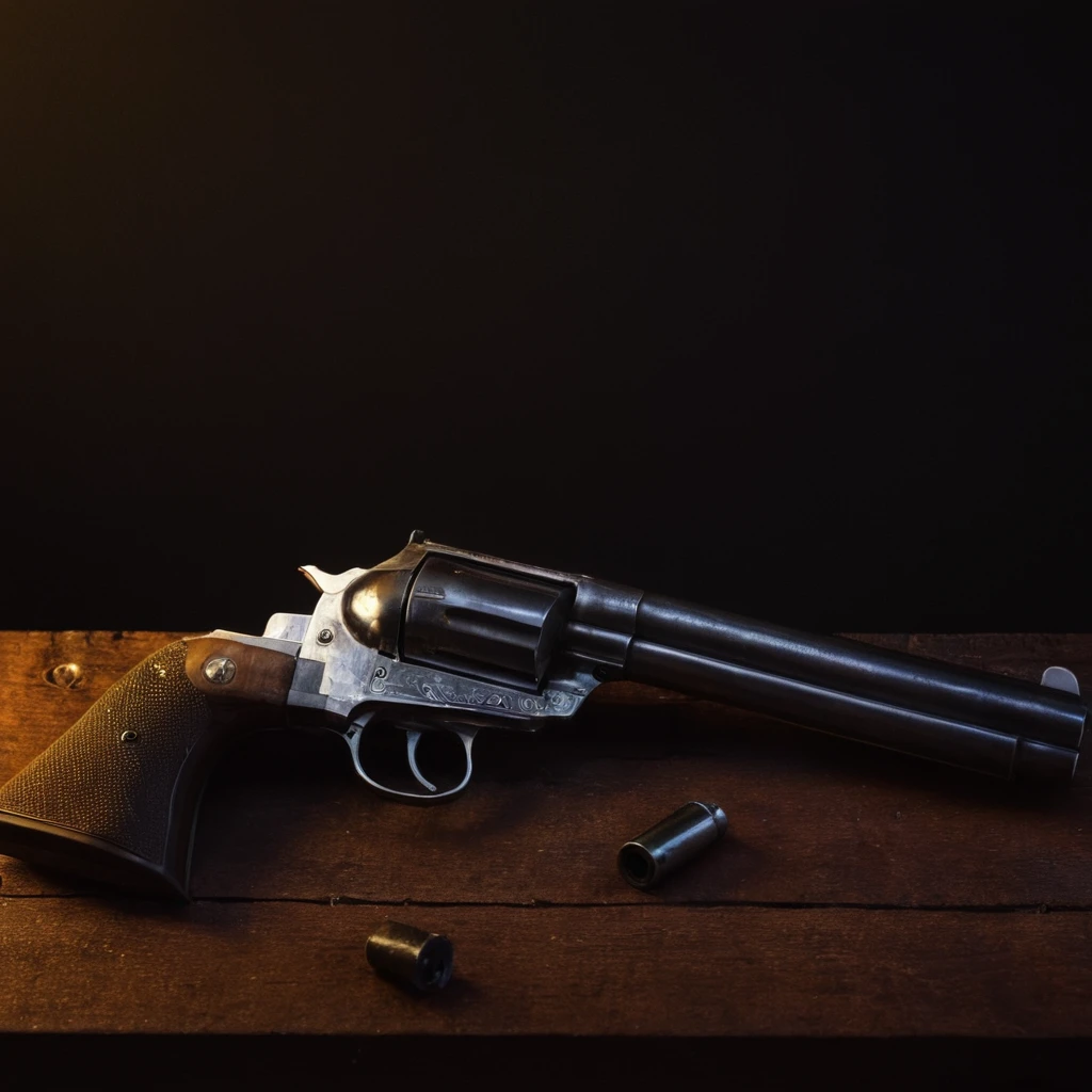 Neon noir,  <lora:Colt revolver handgun:1>
a gun on a table with a black background,simple background,weapon,gun,no humans,handgun,brown background,bullet,magazine (weapon),brown theme,still life , gun, handgun, pistol, revolver, wild west, western, red dead redemption style, Colt Single Action revolver handgun, Cyberpunk, dark, rainy streets, neon signs, high contrast, low light, vibrant, highly detailed