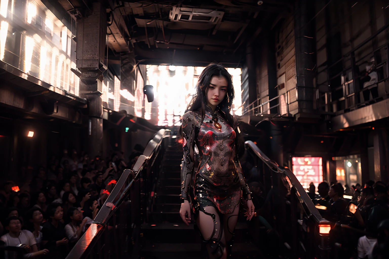 underground club,1girl,handrail,necklace,long hair,jewelry,wristband,ruins,light and shade contrast,Dark light,Beam light,laser light,<lora:20240219-1708348660407-0006:0.6>,best qualtiy,masterpiece,movie-level quality,night club,motion blur,soft lighting,original photo,film photography,character focus,<lora:cyberhanfu_20230617014620:0.5>,cyberhanfu,cyberpunk,chinese_clothes,cheongsam,<lora:nijiMecha:0.5>,mecha,mechanical_arms,