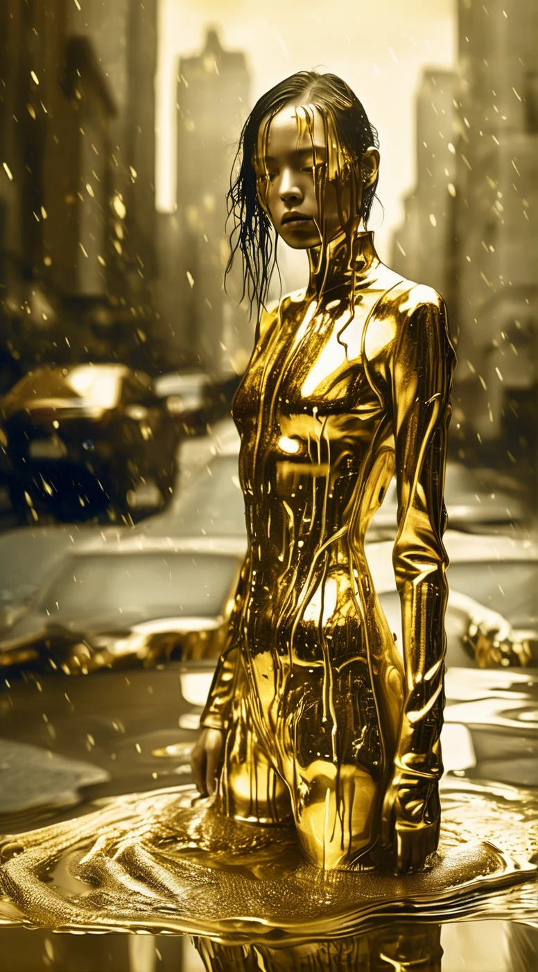 solvique full body cyborg girl in big city, made of melting gold liquid, cinematic, enigmatic, expressive <lora:solvique:0.9>