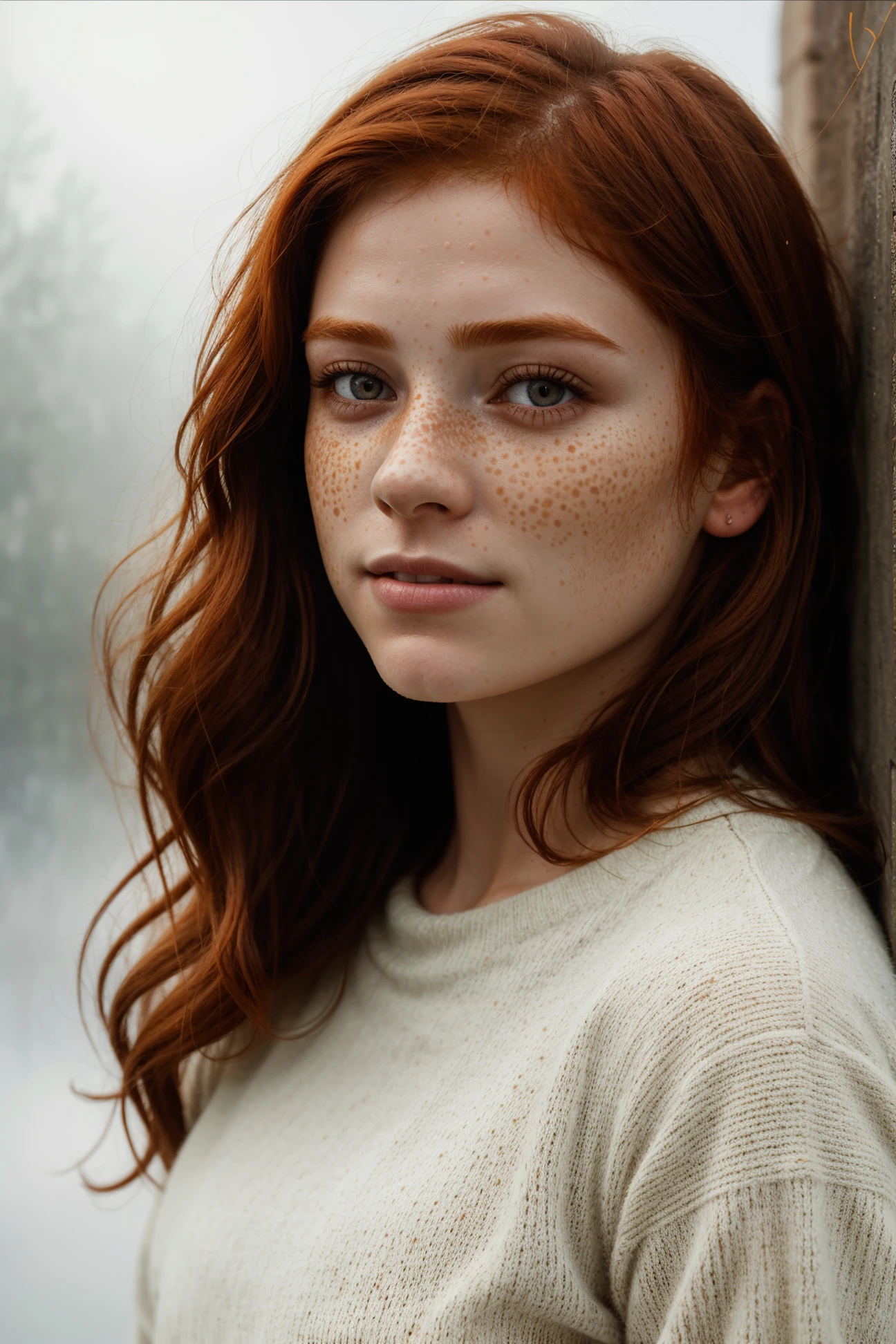 bttrfrckl, realistic portrait of a 25 year old woman with ginger hair, stands enveloped in volumetric fog, (closeup portrait:1.3), redhead, wearing a sweater, her smile captured in a cinematic freeze-frame shot, full-length with concentrated focus on her fit physique, her skin detailed and wet, face exhibits intricate details, framed with a shallow depth of field that results in cinema lighting and reflections, captured with a Nikon D850 at 120mm, aperture F/2.8, HDR technology enhancing, detailed, hdr, epic background, dynamic, highly detailed, smooth, sharp focus, detailed background, 60-30-10 color rule, warm tones, godrays, global illumination, detailed and intricate environment