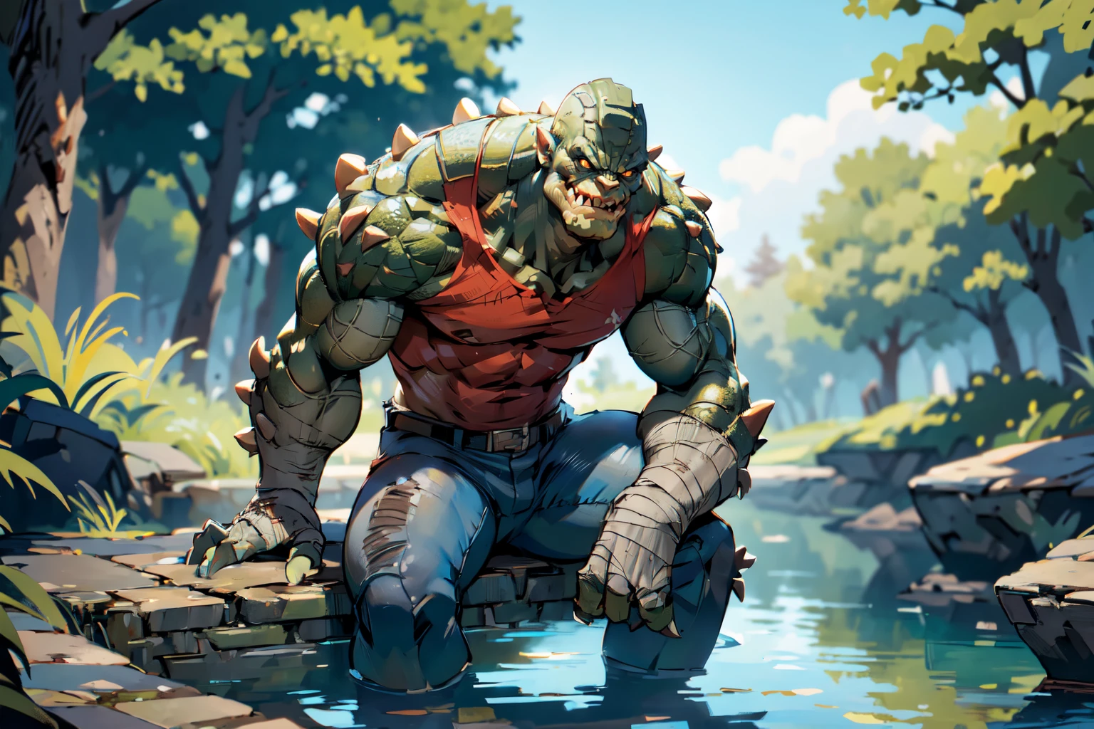 upper body, a man wearing a red shirt:1.2, sitting in a park with trees and a river, white clouds, blue sky, white birds sitting on mans shoulder:1.5, smile,beautiful eyes, high detail skin, high detail eyes, high detail hair, highres, ultra detailed, sharpen picture, Highly detailed, masterpiece, best quality, photorealistic, 
 <lora:Killer CrocLora:0.8> 1boy, scales, sharp teeth, muscular, claws, torn pants, bandages, belt, glowing eyes:1.2, spikes