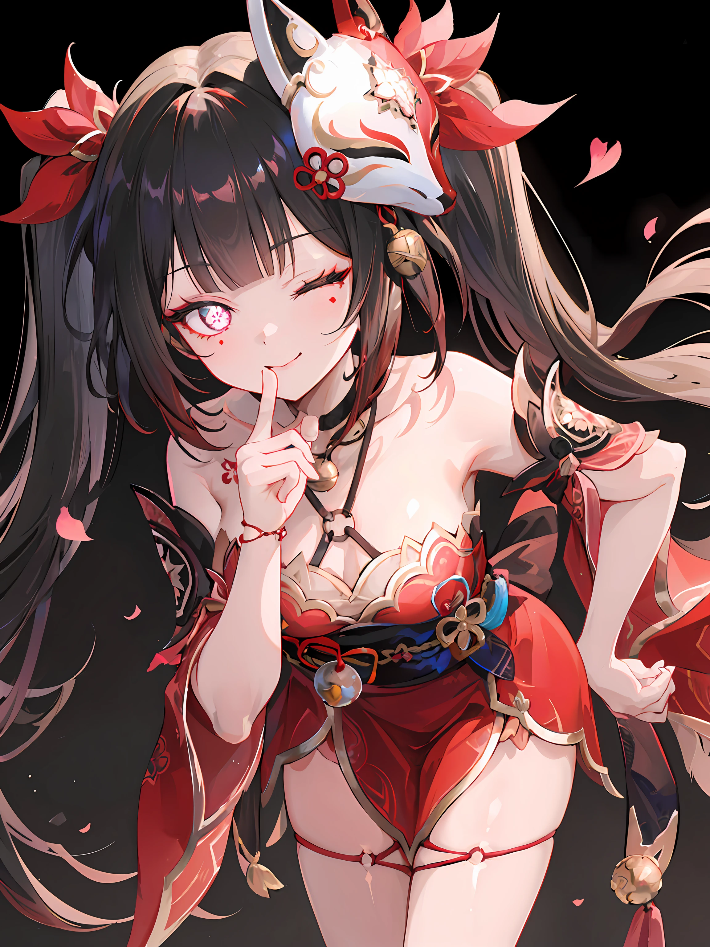 ((masterpiece,best quality)), 1girl, sparklehsr, mask on head, wrist rope, symbol-shaped pupils, leaning forward, finger to mouth, blurry background, dark background, smile, one eye closed