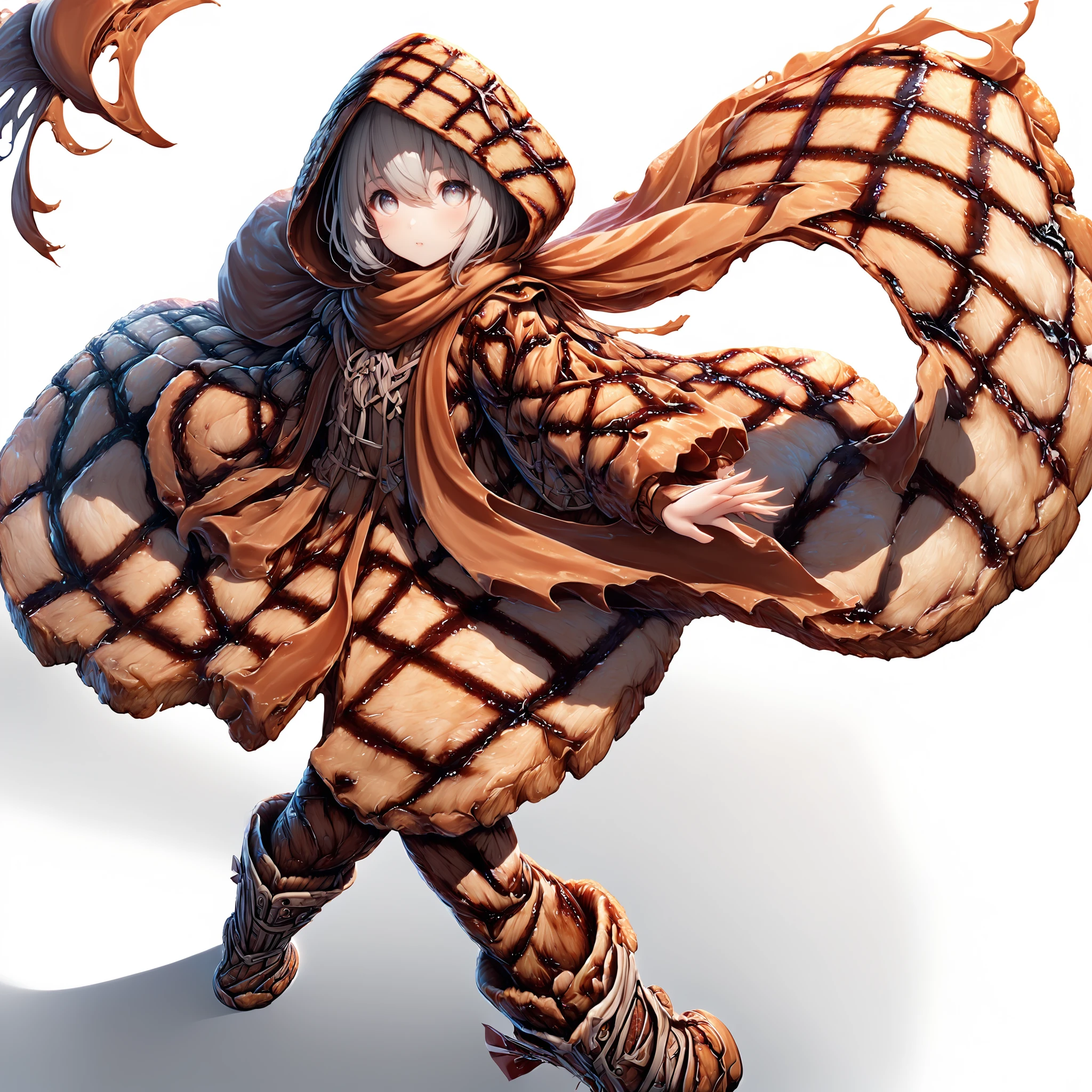 Create a vivid anime image of a vivid young anime girl. Her hair, eyes and skin should be light grey. She is wearing a hooded brown robe with ribbon, scarf and long boots.
1girl, solo, (hood up:1.5), (simple white background:1.5), (dynamic pose:1.5), (dynamic angle:1.5), (from above:1.5), (panorama:1.5), (wide shot:1.5), <lora:steakishou_xl_v1:1>, steakishou
