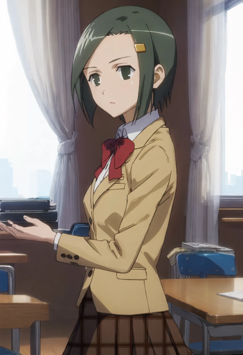 best quality, masterpiece, highres, solo, {hata_ranko_seitokaiyakuindomo:0.90}, 1girl, school_uniform, parody, black_eyes
