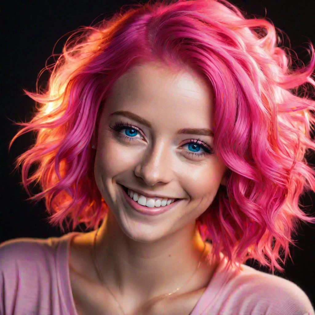 Smiling woman with pink hair and blue eyes in a dark room, with pink hair, wispy pink hair, flowing pink hair, pink hair, colorful portrait, bright pink face, cute girl with short pink hair, long flowing pink hair, red hair and attractive features, Bright hair, cute and smiling, light pink hair, light pink hair with pink flames, pink girl