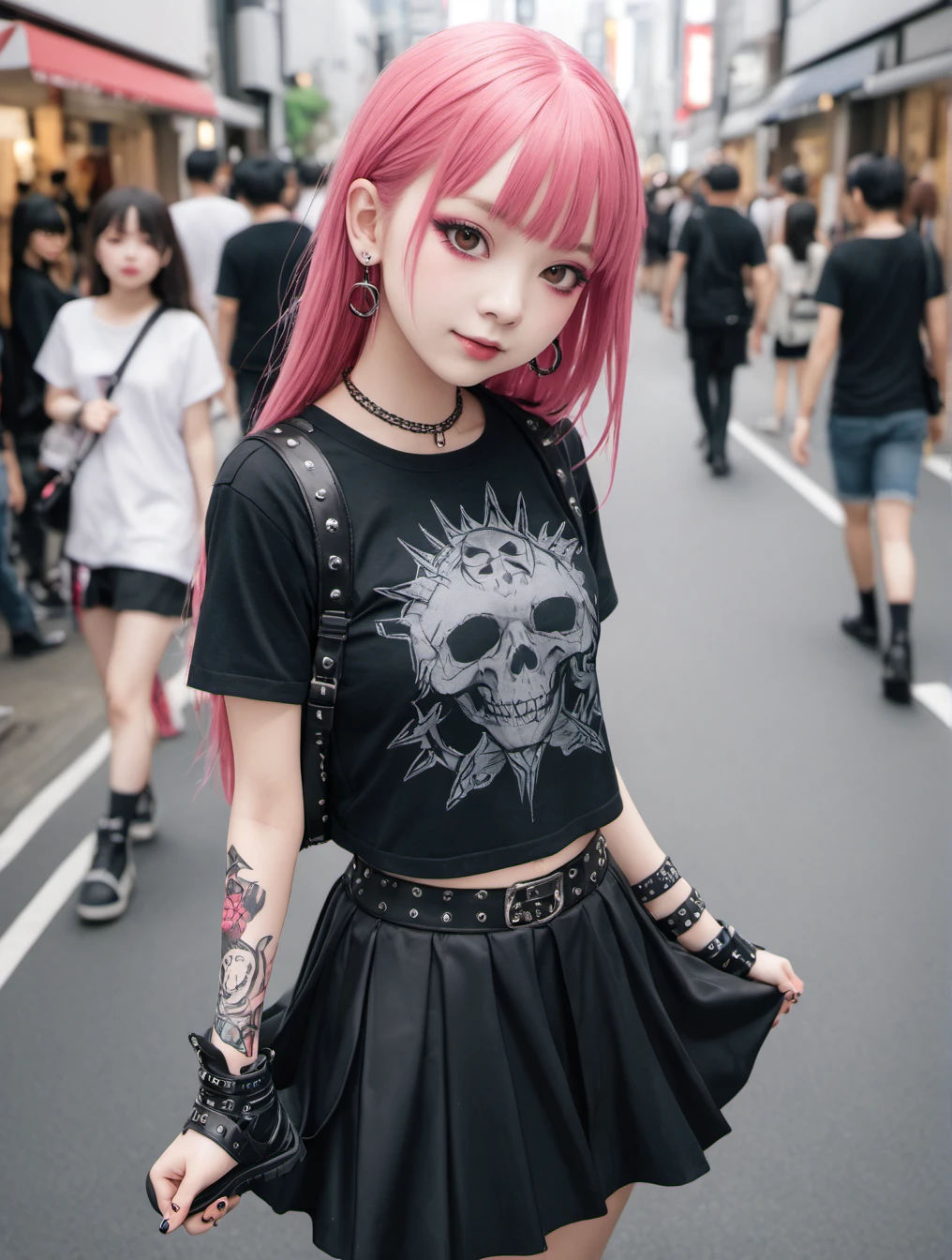 8k, RAW,natural skin,detailed skin,japanese girl,solo,smile, brown eyes, long hair, straight hair, (pink hair:1.2), cowboy shot,dynamic angle,jirai fashion,eye shadow, piercing,emo girl, metal, Emo Girl Clothes, black shirt, babymetal, pank skirt, platform sneakers, armlet, many earrings, earrings,gothic, in the tokyo, harajuku street,best quality