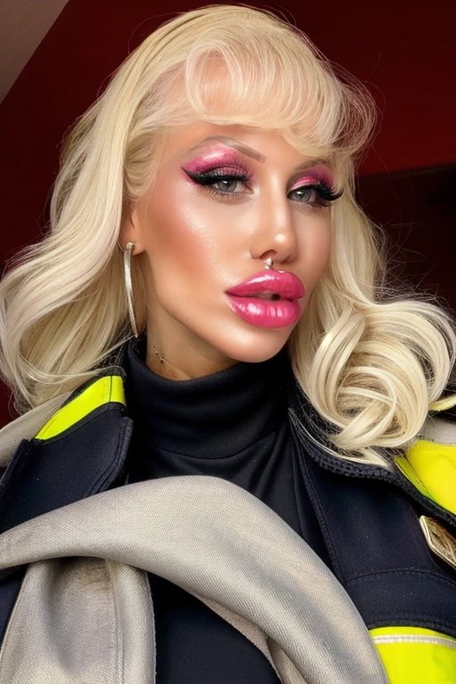 <lora:4l1c144m1r4_v1:1>, high quality, high resolution, upper body shot, firefighter woman, blonde hair, big lips, makeup, 4l1c144m1r4