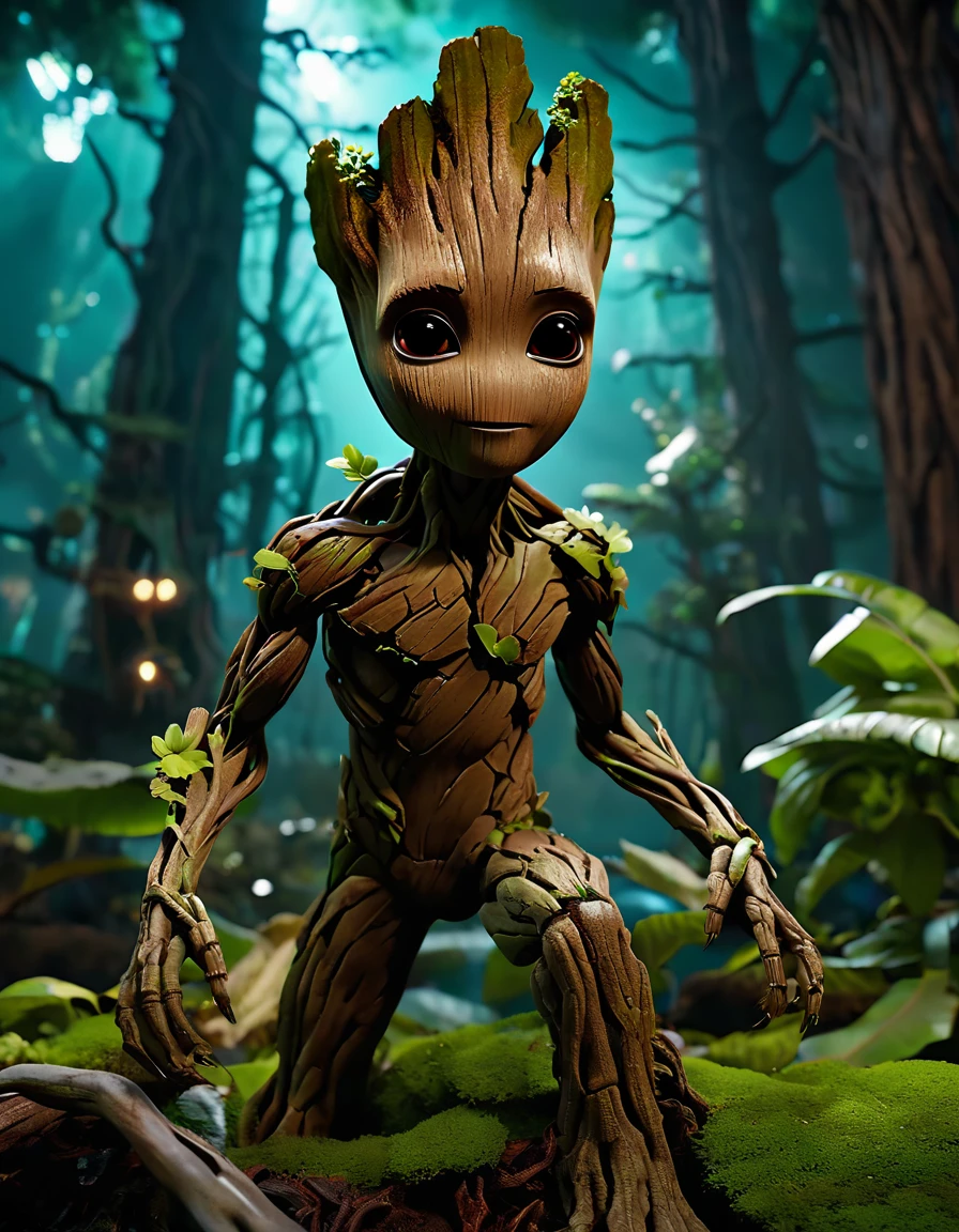 Groot of guardians of the galaxy, with futuristic weapon, realistic 8k, blurred galaxy background